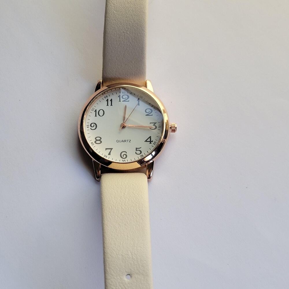 Womens Watch White Dial Rose Gold Tone Case Beige Faux Leather Strap Quartz